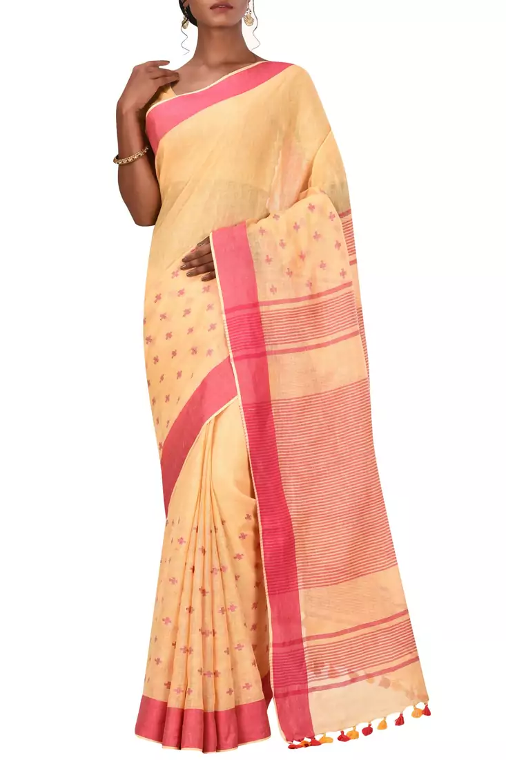 Light Orange Woven Pure Bhagalpuri Linen Saree With Blouse