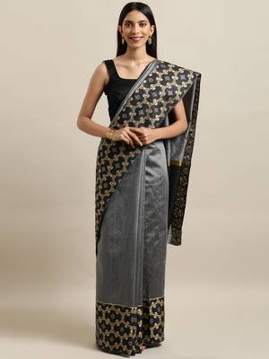Grey woven silk blend saree with blouse 1