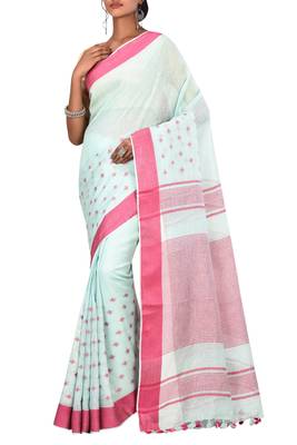 Light Blue Woven Pure Bhagalpuri Linen Saree With Blouse 1