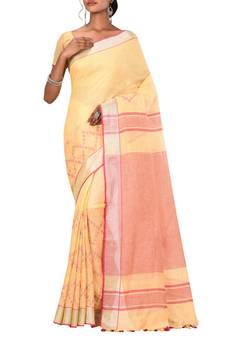 Light Yellow Woven Pure Bhagalpuri Linen Saree With Blouse