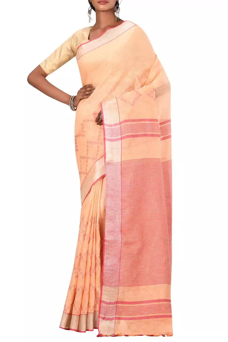 Light Orange Woven Pure Bhagalpuri Linen Saree With Blouse