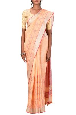 Light Orange Woven Pure Bhagalpuri Linen Saree With Blouse 2