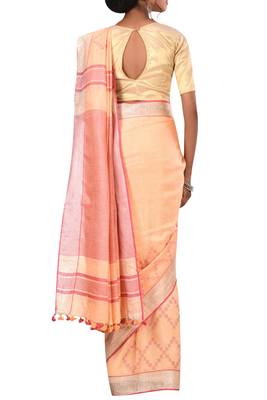 Light Orange Woven Pure Bhagalpuri Linen Saree With Blouse 3