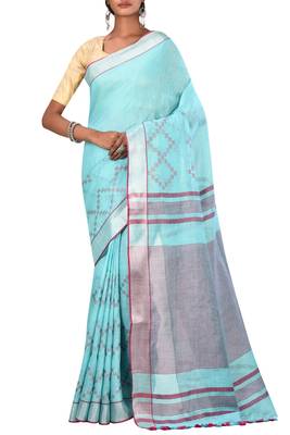Light Blue Woven Pure Bhagalpuri Linen Saree With Blouse 1