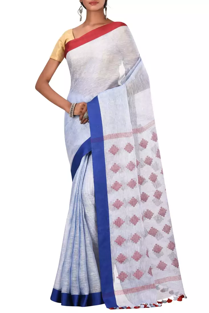 Sky Blue Woven Pure Bhagalpuri Linen Saree With Blouse