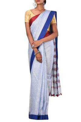 Sky Blue Woven Pure Bhagalpuri Linen Saree With Blouse 2