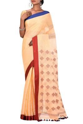 Light Orange Woven Pure Bhagalpuri Linen Saree With Blouse 1