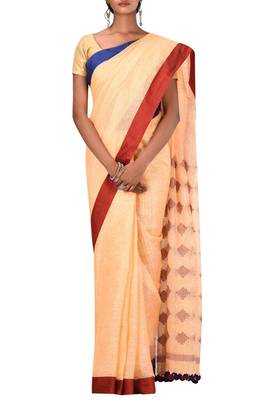 Light Orange Woven Pure Bhagalpuri Linen Saree With Blouse 2