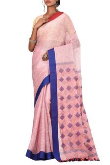 Light Pink Woven Pure Bhagalpuri Linen Saree With Blouse