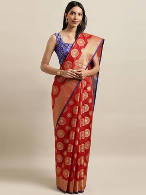 Red woven silk blend saree with blouse 1