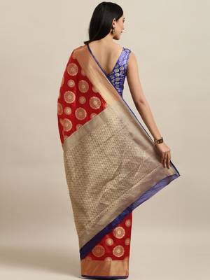 Red woven silk blend saree with blouse 2