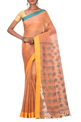 Orange Woven Pure Bhagalpuri Linen Saree With Blouse 1