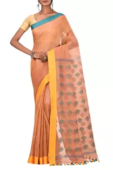 Orange Woven Pure Bhagalpuri Linen Saree With Blouse