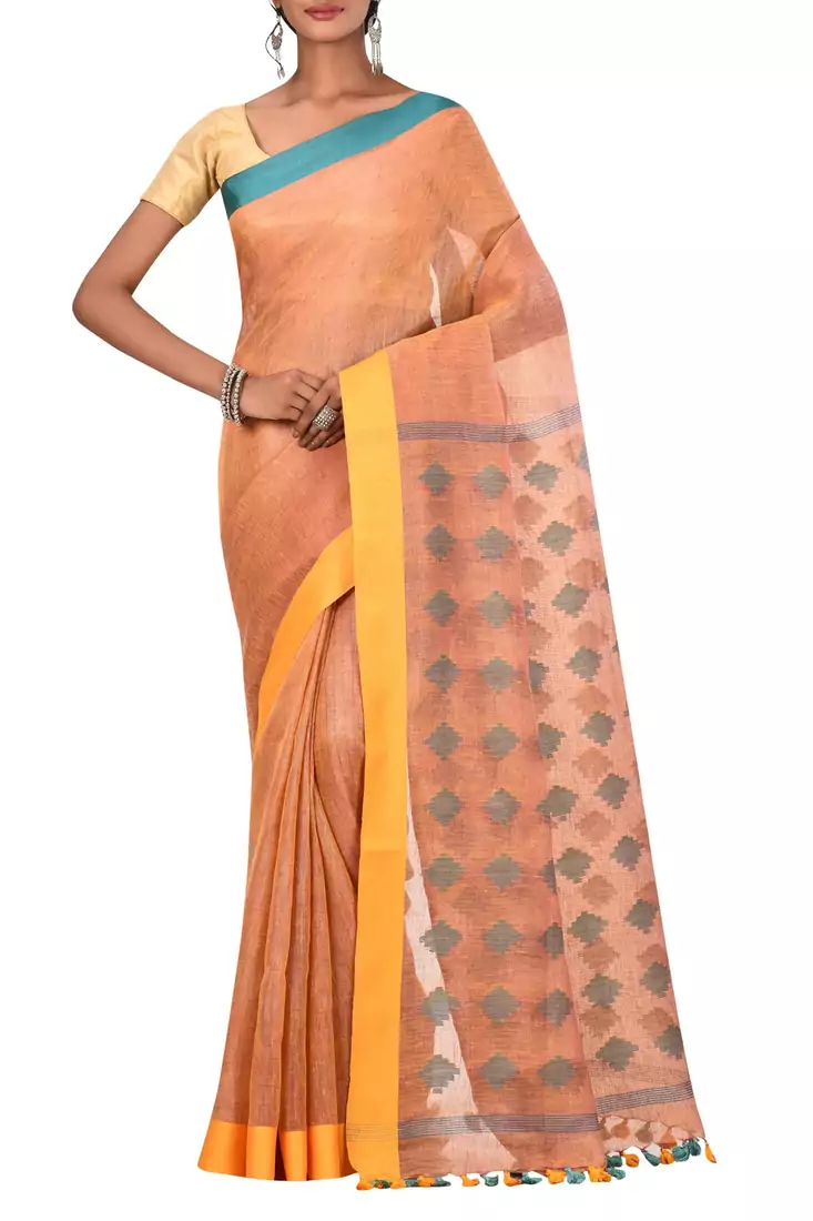 Orange Woven Pure Bhagalpuri Linen Saree With Blouse