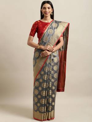 Grey woven silk blend saree with blouse 1