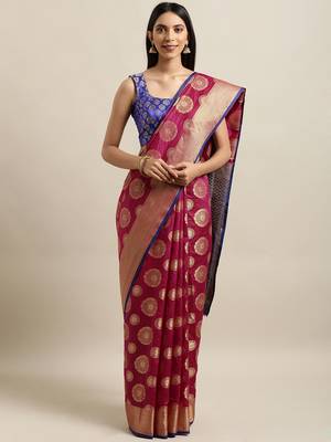 Magenta woven silk blend saree with blouse 1