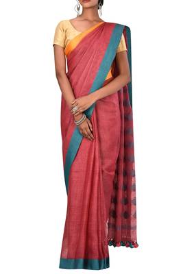 Light Red Woven Pure Bhagalpuri Linen Saree With Blouse 1