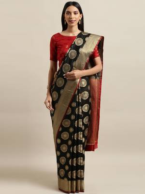 Black woven silk blend saree with blouse 1