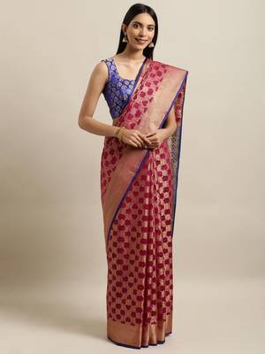 Magenta woven silk blend saree with blouse 1
