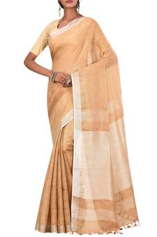 Beige Woven Pure Bhagalpuri Linen Saree With Blouse
