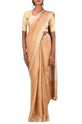 Beige Woven Pure Bhagalpuri Linen Saree With Blouse 2