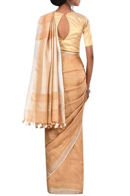 Beige Woven Pure Bhagalpuri Linen Saree With Blouse 3
