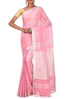Pink Woven Pure Bhagalpuri Linen Saree With Blouse 1