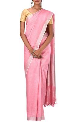 Pink Woven Pure Bhagalpuri Linen Saree With Blouse 2