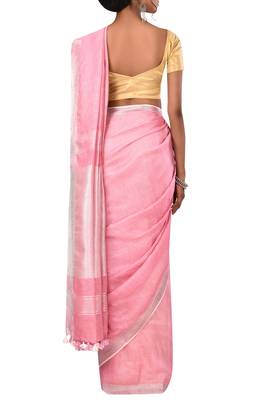 Pink Woven Pure Bhagalpuri Linen Saree With Blouse 3
