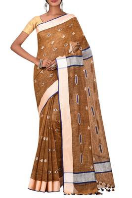 Dark Beige Woven Pure Bhagalpuri Linen Saree With Blouse 1