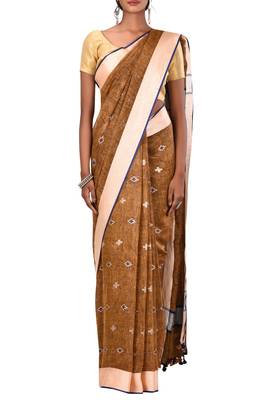 Dark Beige Woven Pure Bhagalpuri Linen Saree With Blouse 2