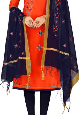 Blissta Women's Ornage Silk Blend Embroidered Dress Material With Beads Work & Thread Work Dupatta 3