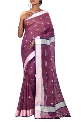 Magenta Woven Pure Bhagalpuri Linen Saree With Blouse 1