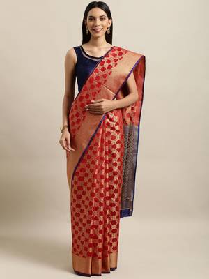 Red woven silk blend saree with blouse 1