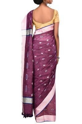 Magenta Woven Pure Bhagalpuri Linen Saree With Blouse 3
