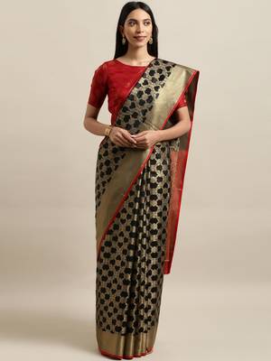 Black woven silk blend saree with blouse 1