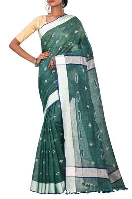Dark Green Woven Pure Bhagalpuri Linen Saree With Blouse 1