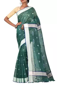 Dark Green Woven Pure Bhagalpuri Linen Saree With Blouse