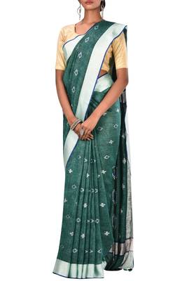 Dark Green Woven Pure Bhagalpuri Linen Saree With Blouse 2