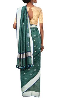 Dark Green Woven Pure Bhagalpuri Linen Saree With Blouse 3