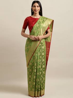 Green woven silk blend saree with blouse 1