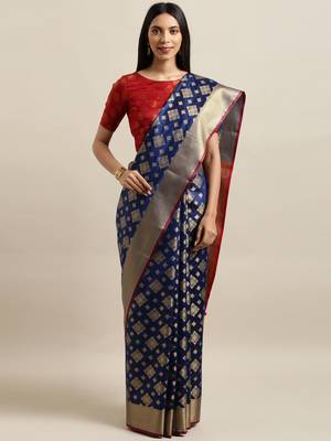 Royal blue woven silk blend saree with blouse 1