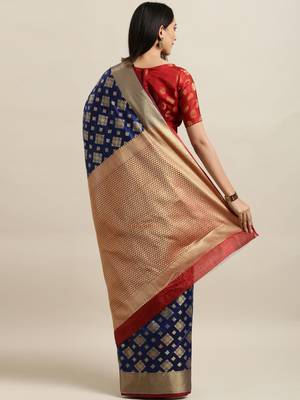 Royal blue woven silk blend saree with blouse 2