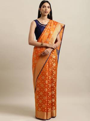Orange woven silk blend saree with blouse 1