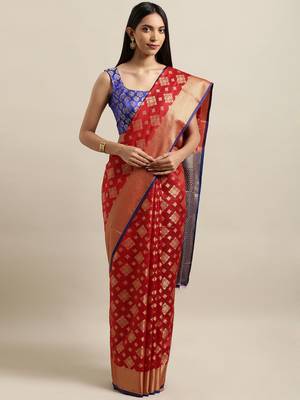 Red woven silk blend saree with blouse 1