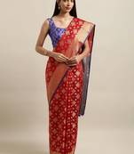 Red woven silk blend saree with blouse