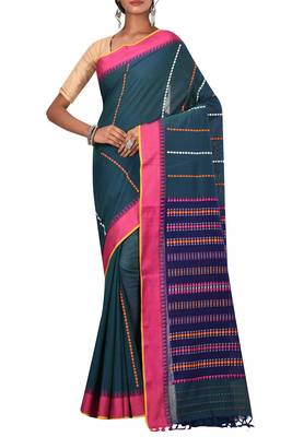 Teal Bengal Handloom Pure Cotton Saree With Blouse 1