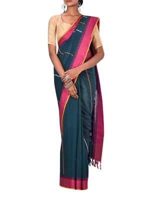 Teal Bengal Handloom Pure Cotton Saree With Blouse 2