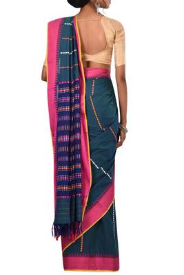 Teal Bengal Handloom Pure Cotton Saree With Blouse 3