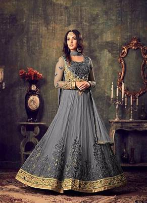 Sonal Chauhan Net Anarkali Suit In Grey Colour 1